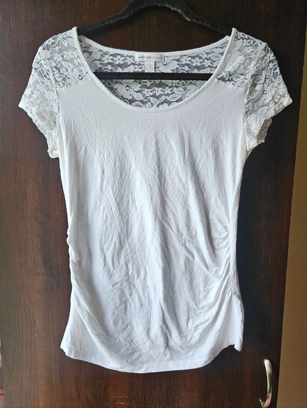 Ambiance Maternity White Lace Sleeve Short Sleeve Scoop Neck Top Size Large